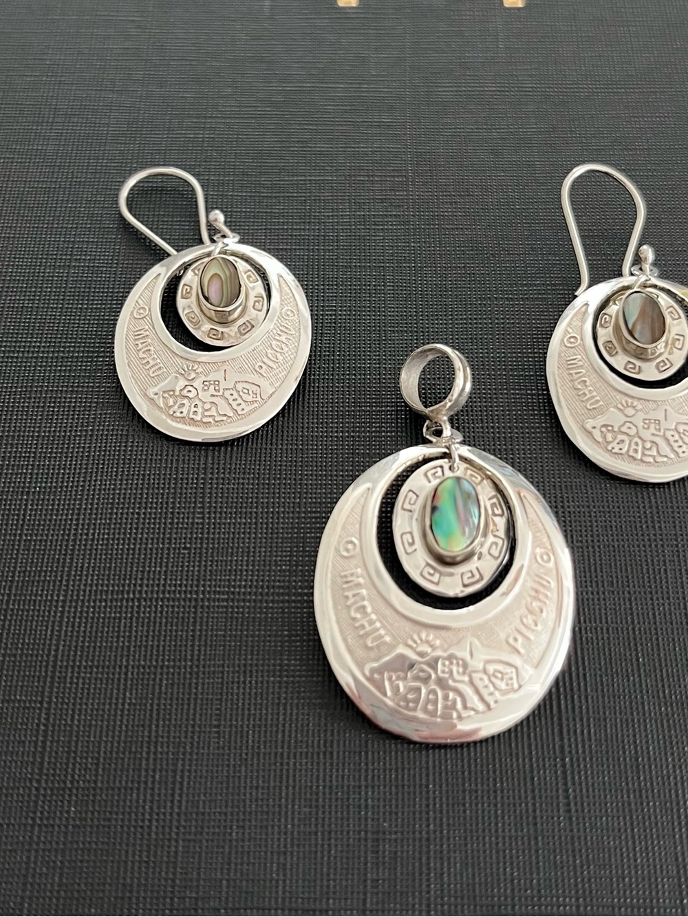 Vintage Peru 950 Sterling Silver Machu Picchu Abalone Pendant Earrings Set